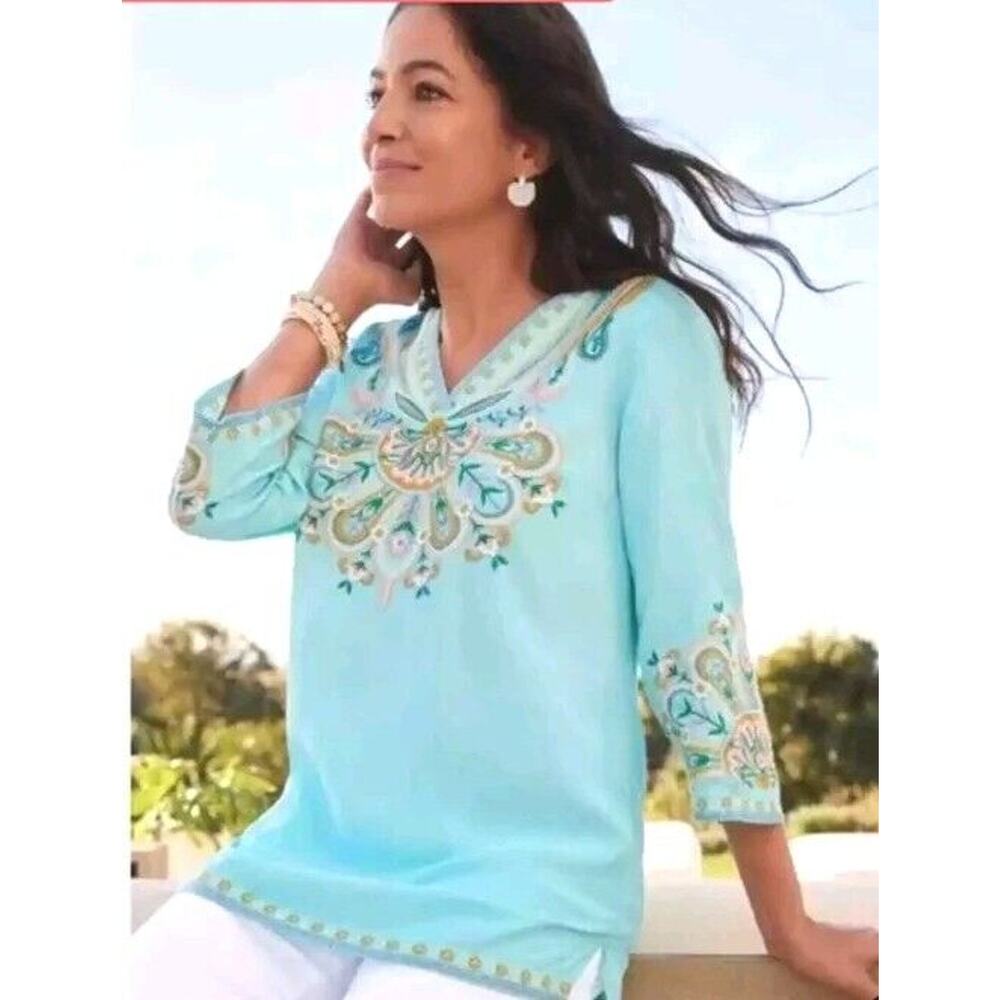 Soft Surroundings Small Top River Island Floral Embroidered Tunic Bohemian Blue
